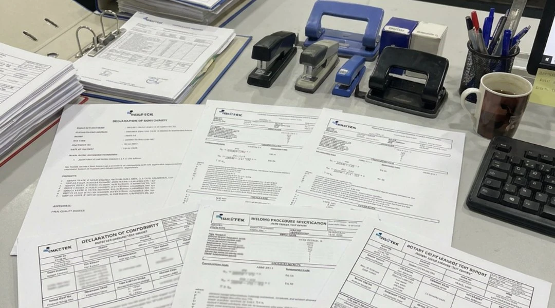 Declaration of conformity, welding procedure specification and calculation sheets laid out for the order file