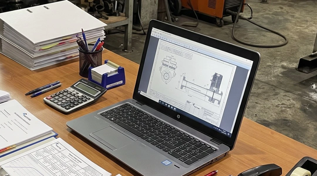 Fitting body drawing on screen at the engineering desk, next to the quality dossier