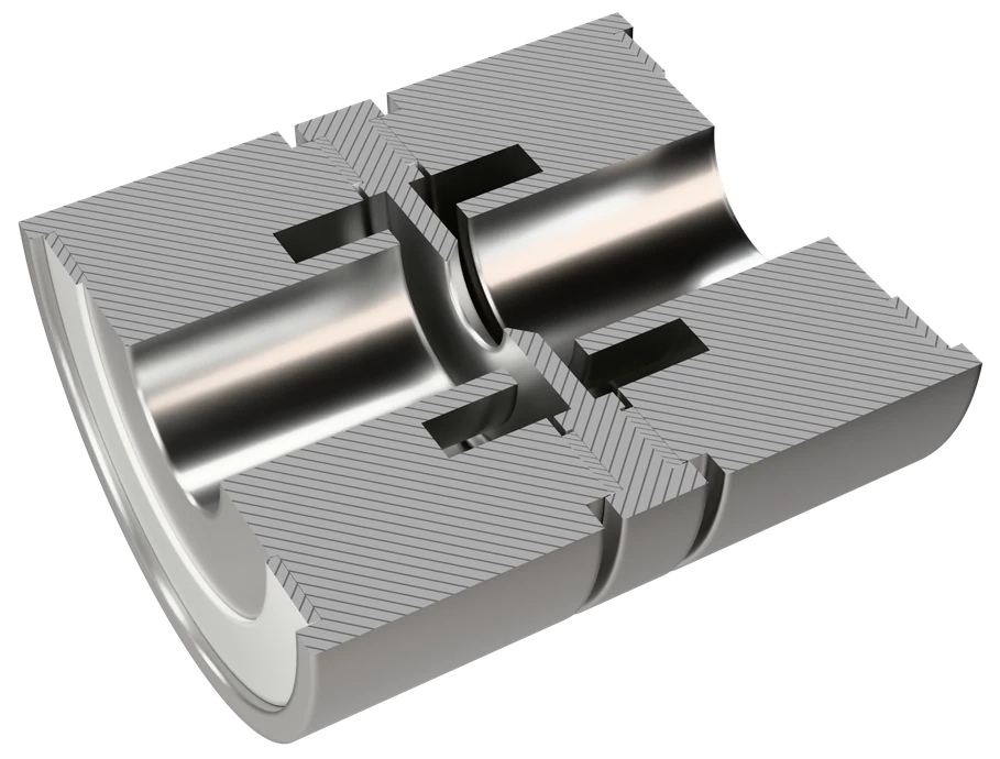 Annular tapping groove, horizontal section: the grooves either side of the plate open into the bore all round the circumference