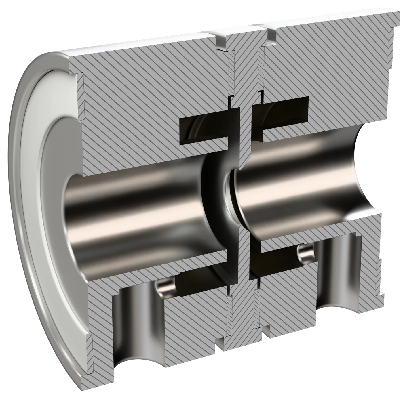 Compact orifice with annular tapping grooves, vertical section: a groove on each face of the plate averages the pressure round the bore and leads it to the transmitter outlet