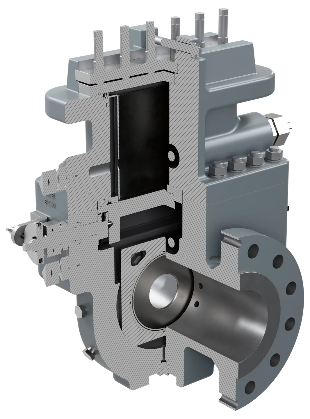 Dual chamber orifice fitting, quarter cutaway from the downstream side: the plate in its carrier in the lower chamber, the rotary valve between the chambers, the upper chamber empty in service