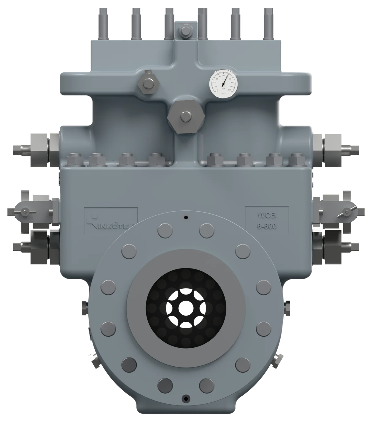Meter run seen from the inlet end: Laws flow conditioner plate in the bore, dual chamber orifice fitting behind, 6 in Class 600 RF