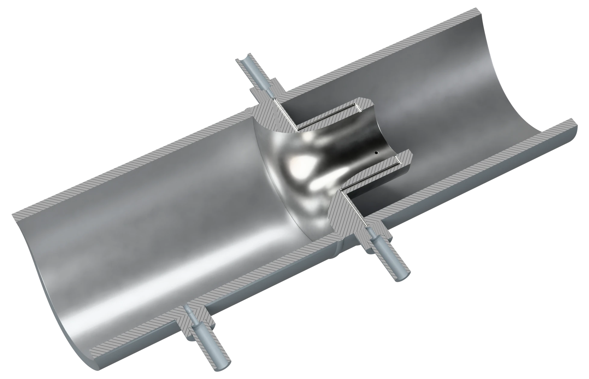 Throat tap flow nozzle welded into a spool, horizontal half section: upstream pressure tapping on the pipe wall one diameter ahead, downstream tappings through the throat wall, both horizontal