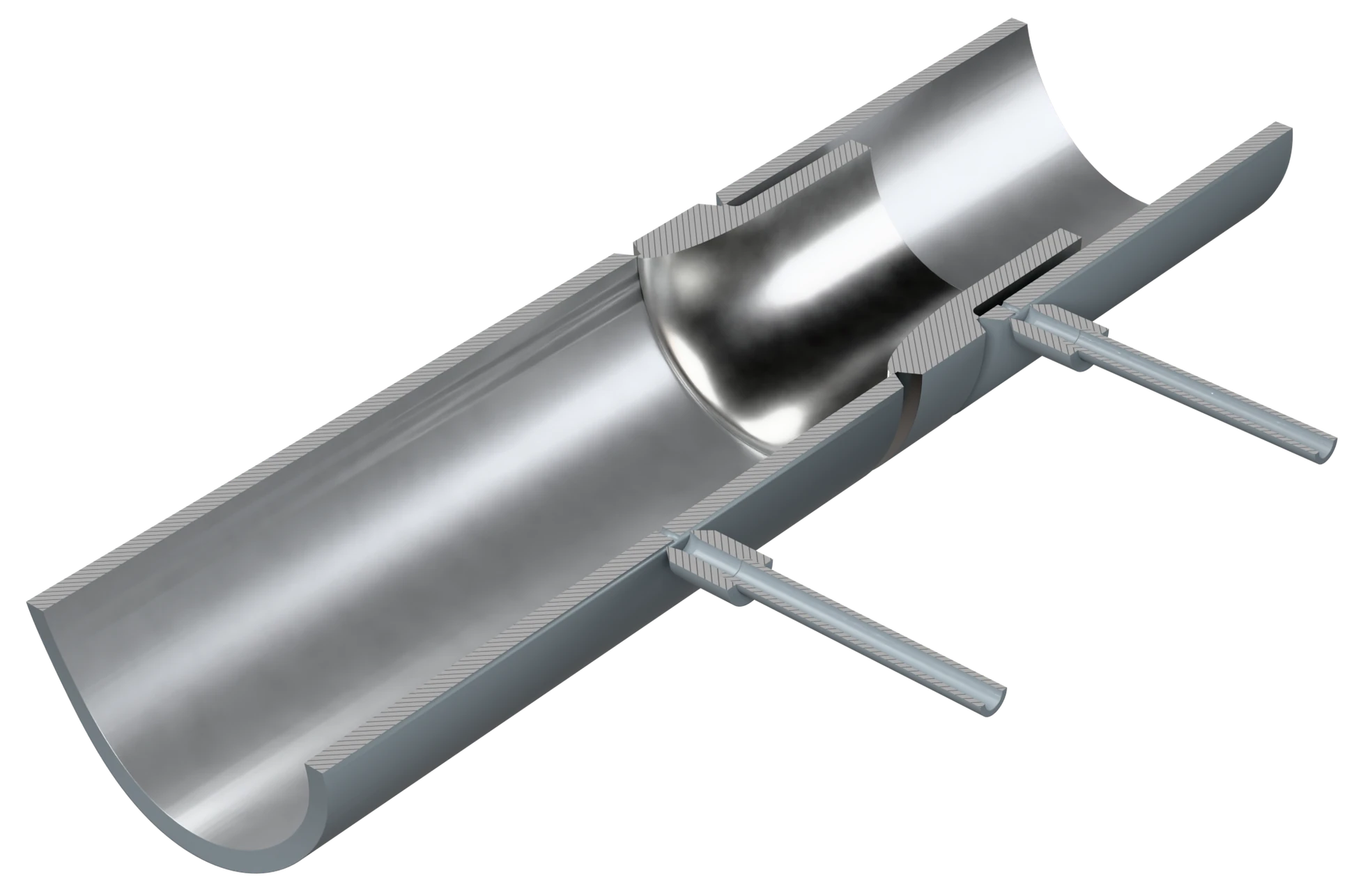 Welded flow nozzle in half section: converging inlet and cylindrical throat inside the pipe, no flange in the line
