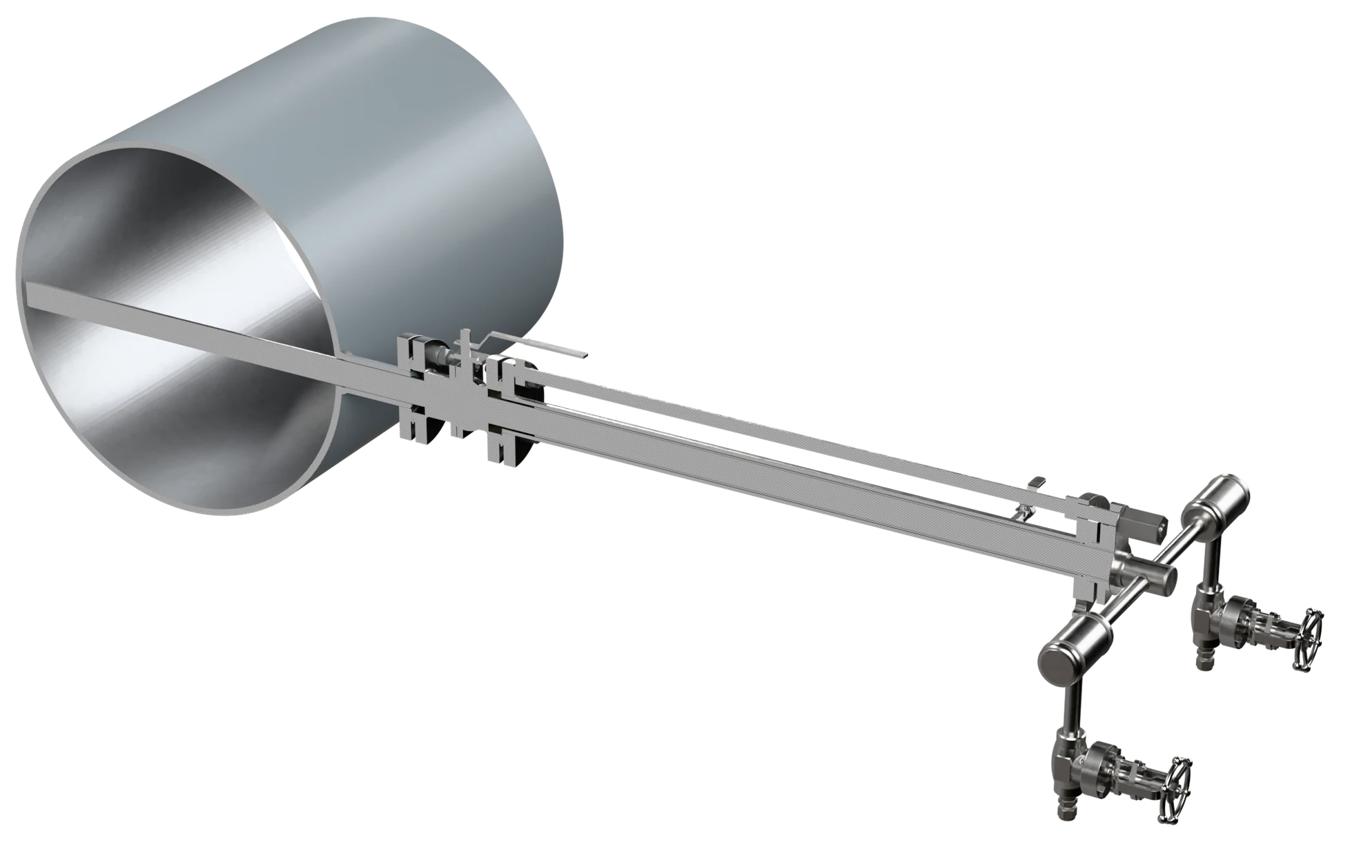 Retractable averaging pitot in section across the line: the horizontal probe spans the bore and enters through the nozzle, the isolation ball valve and the guide tube to the conical seal; a threaded rod draws it out under pressure. Condensate chambers level, valves below