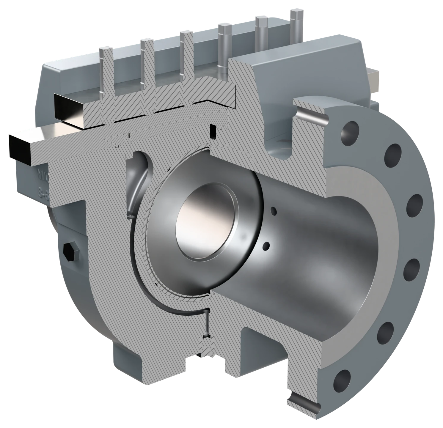 Single chamber orifice fitting, quarter cutaway from the downstream side: the plate in a carrier screwed under the seal bar, with the clamp bar and its screws above