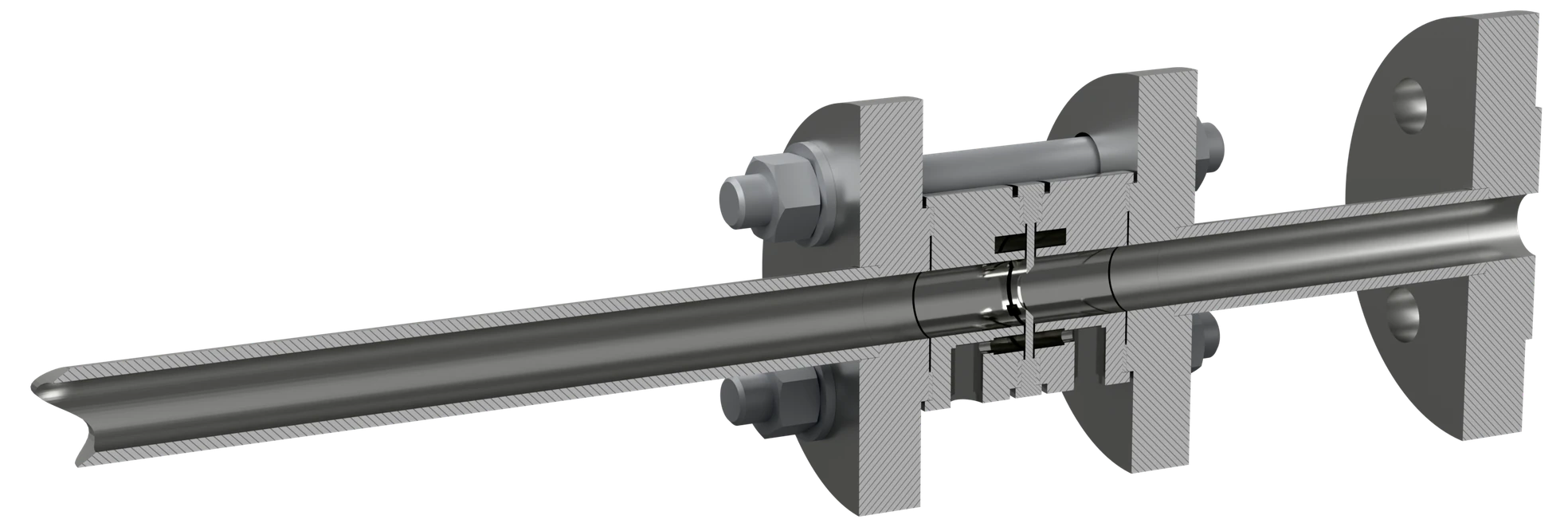 Small bore orifice meter run in section: the plate sits between two annular chambers, with straight pipe upstream and downstream