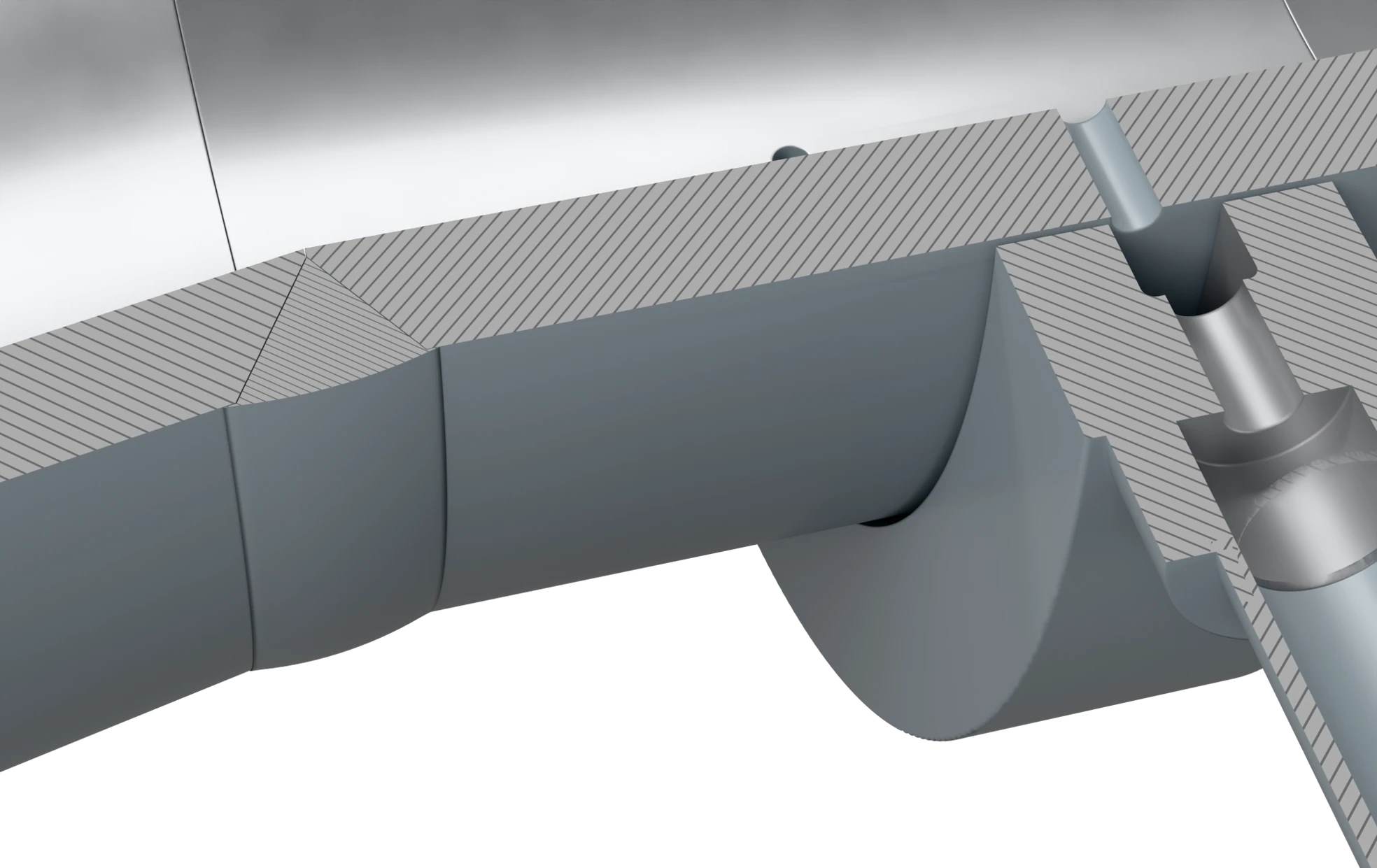 Weld detail, horizontal half section: the fabricated convergent butt-welded to the throat with a full-penetration weld, the root ground flush with the bore; next to it the throat pressure tapping