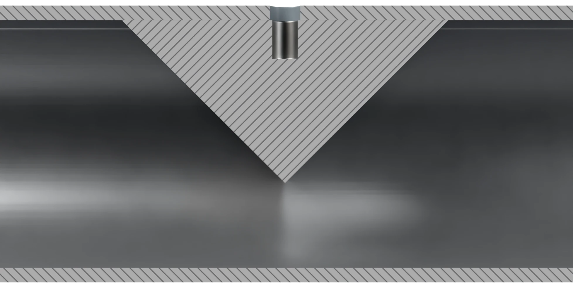 Wedge section: the 90° wedge welded across the top of the bore and the gap h between its apex and the opposite wall