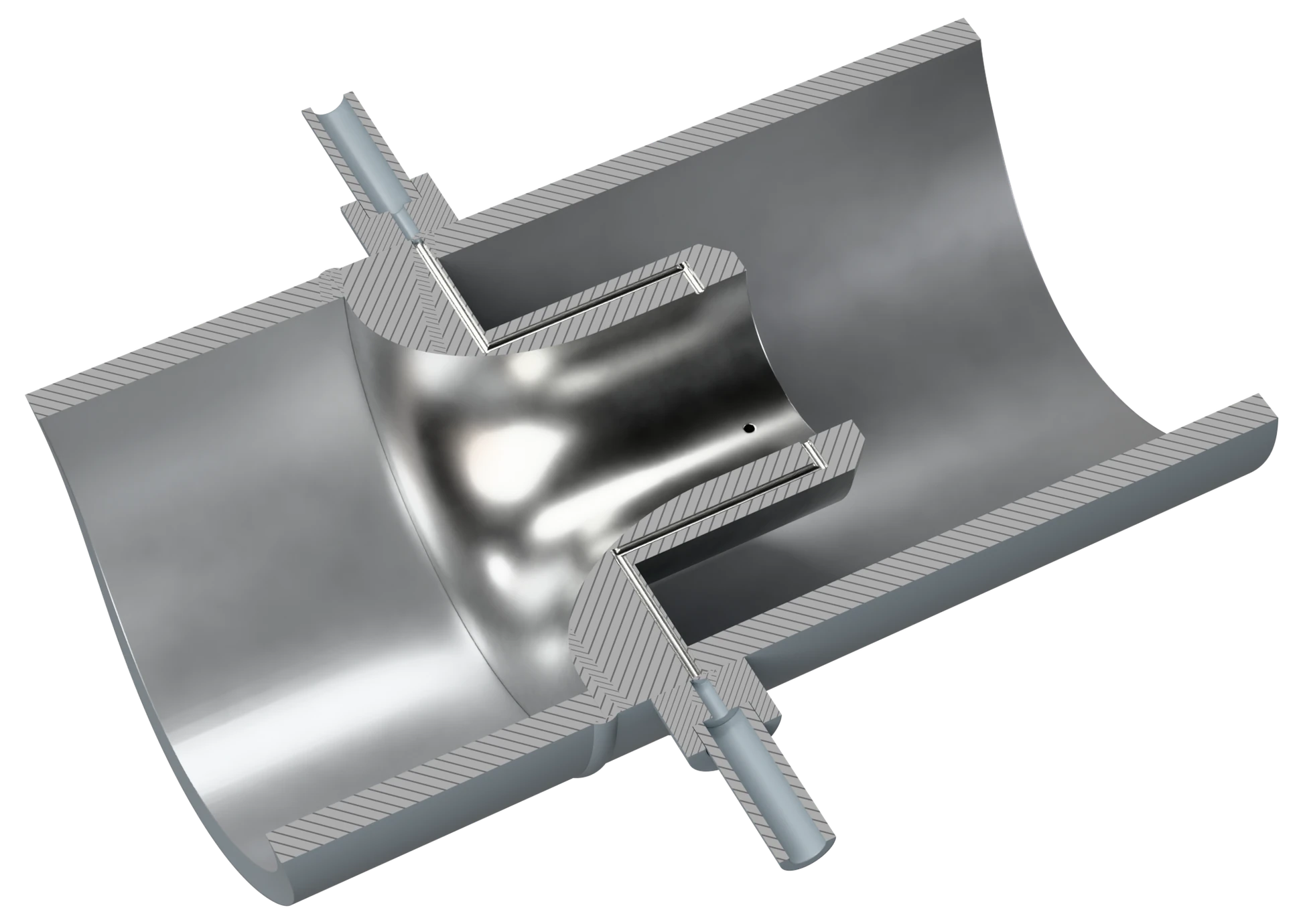 Welded nozzle, close section at the throat: the nozzle is butt-welded between two pipes with no flanges; the downstream pressure is taken through the throat wall and led out through the nozzle body